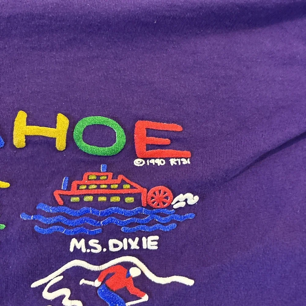 Vintage Lake Tahoe Tee T Shirt‎ 1991 Adult Size Large L Purple Puff Print